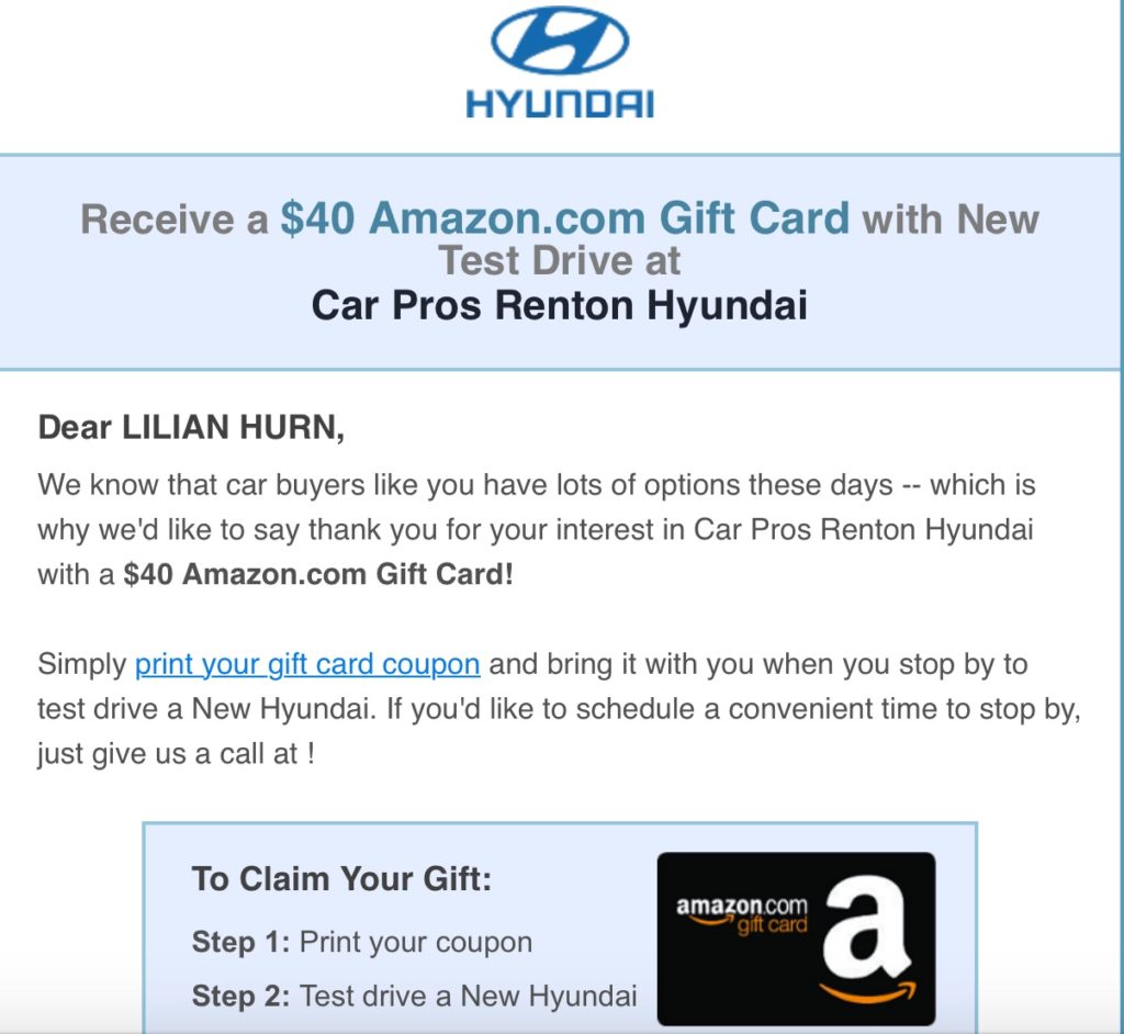 GRATIS $40 en Amazon con la prueba de manejo de un auto Hyundai