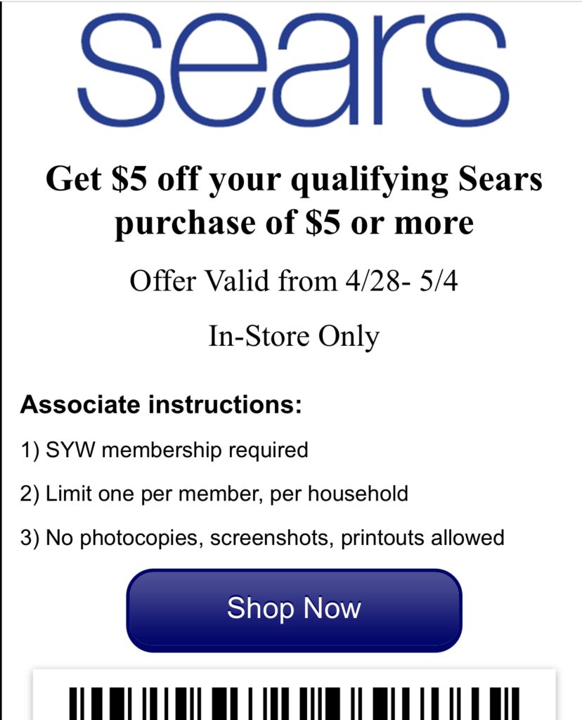 GRATIS $5 descuento en la compra de $5 en Sears