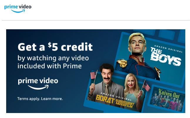 $5 crédito gratis cuando mires una película en Amazon Prime Video